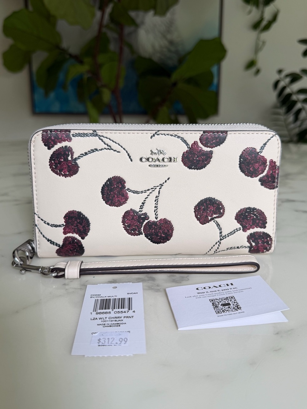 NWT Coach Long Zip Around Wallet With Cherry Print Chalk Leather CDE92